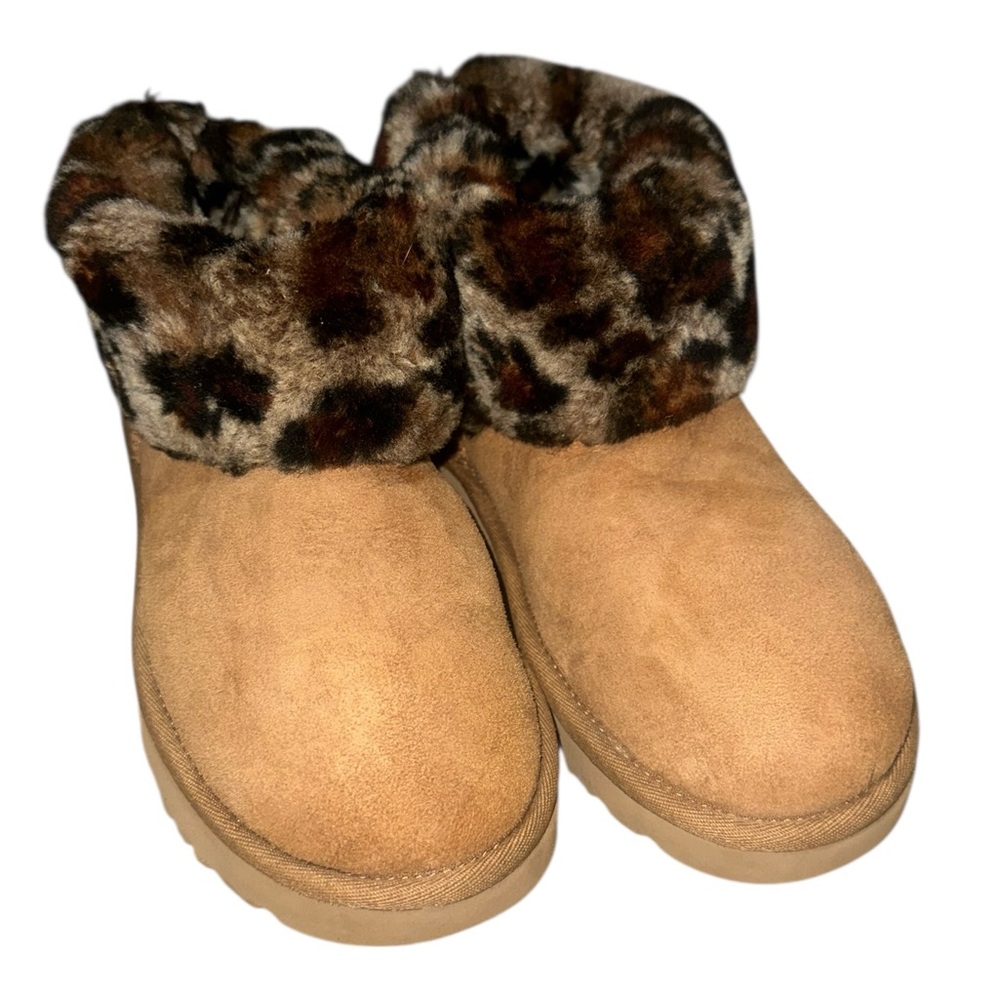 UGG Women's Mini Fluff Leopard Chestnut Suede Ankle Boots Size 7 - Picture 3 of 7